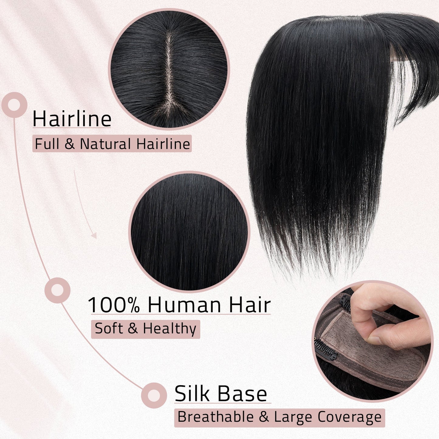 3*5" Bionic Scalp Top Dark Black Human Hair Topper with Bangs segohair.com