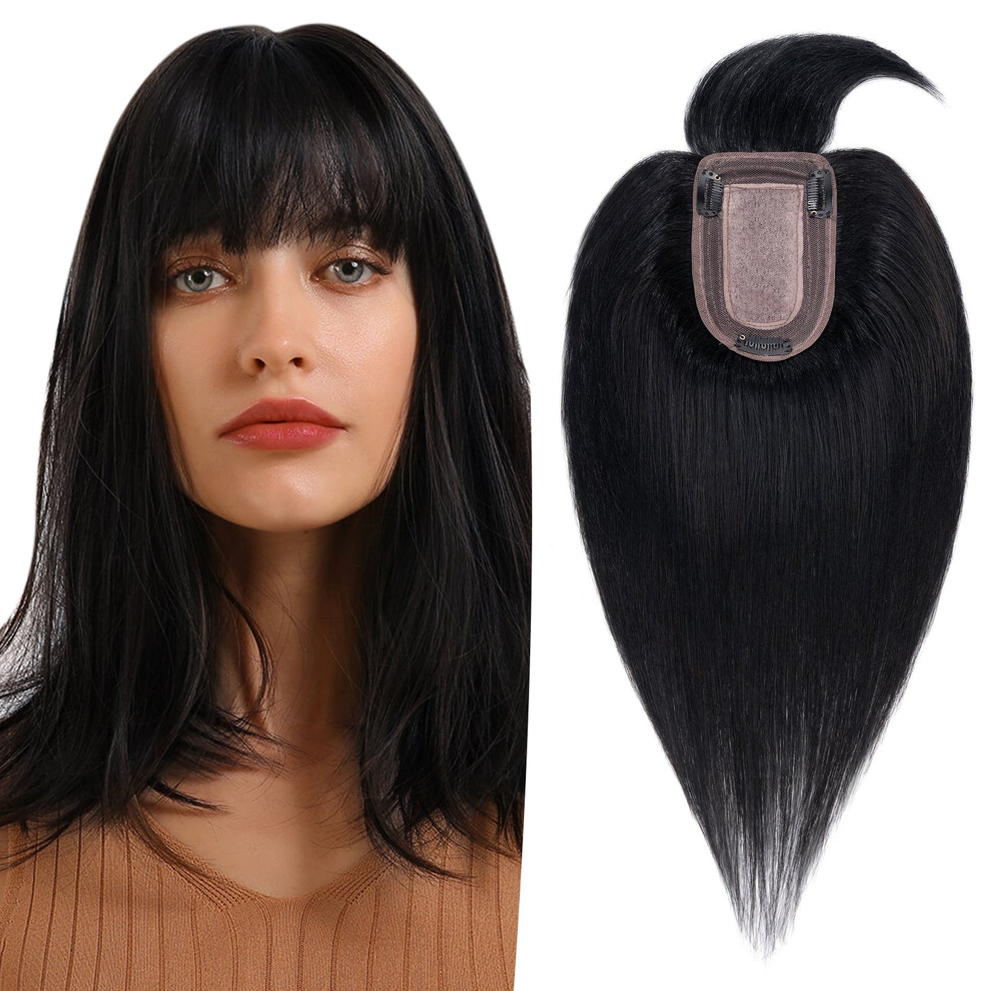 3*5" Bionic Scalp Top Dark Black Human Hair Topper with Bangs segohair.com