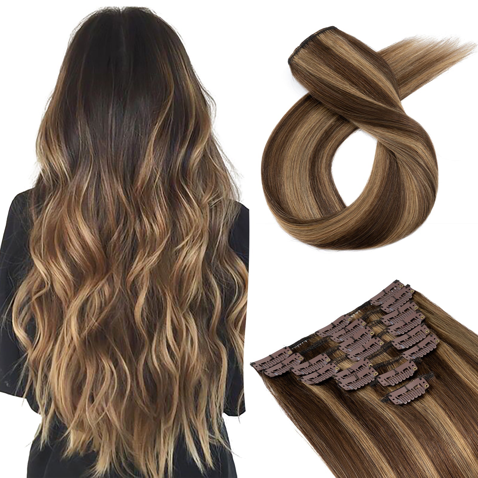 SEGOHAIR Clip In Hair Extensions Real Human Hair Light Weight Chocolate Brown Honey Blonde segohair.com