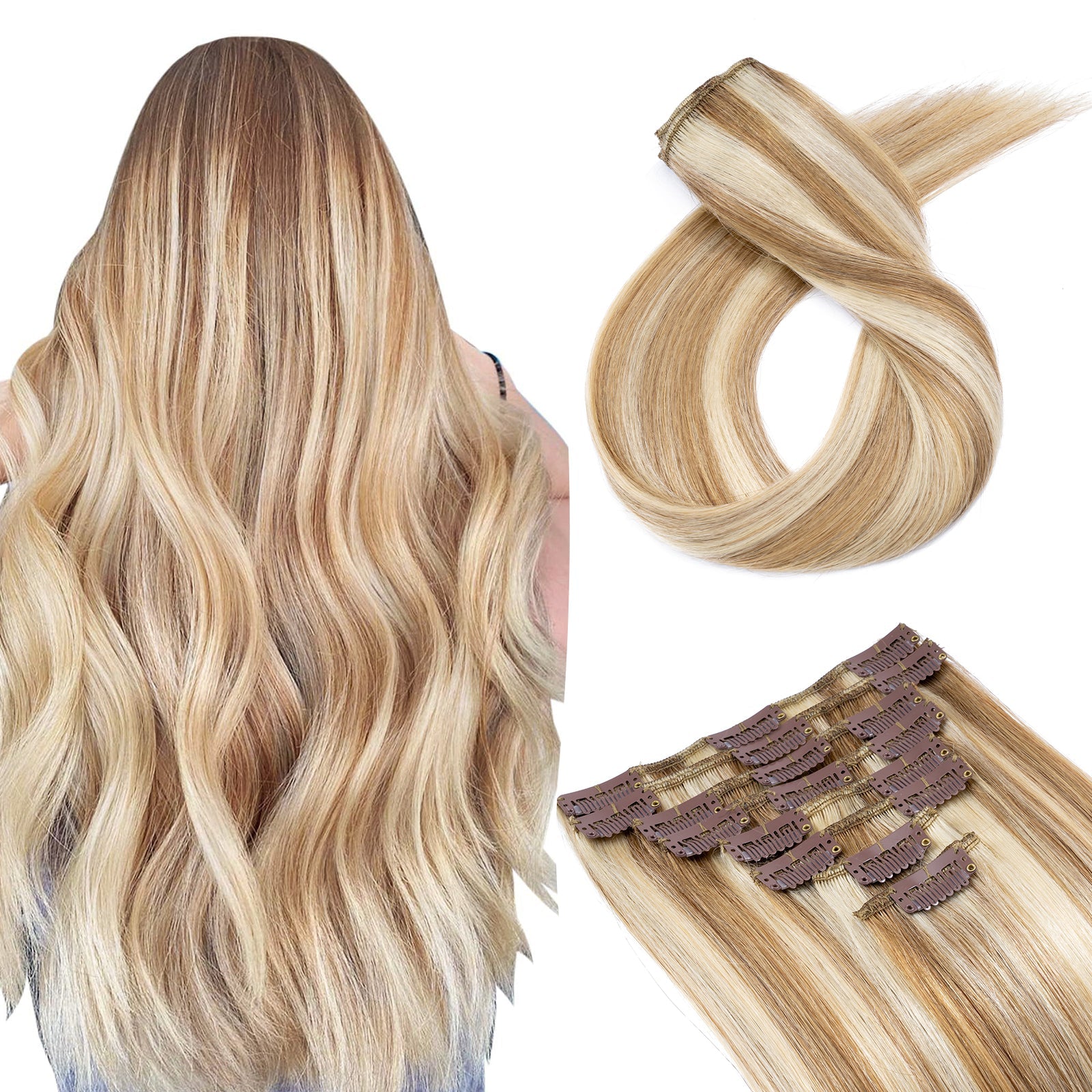 SEGOHAIR Clip In Hair Extensions Real Human Hair Light Weight Golden Brown Blonde segohair.com