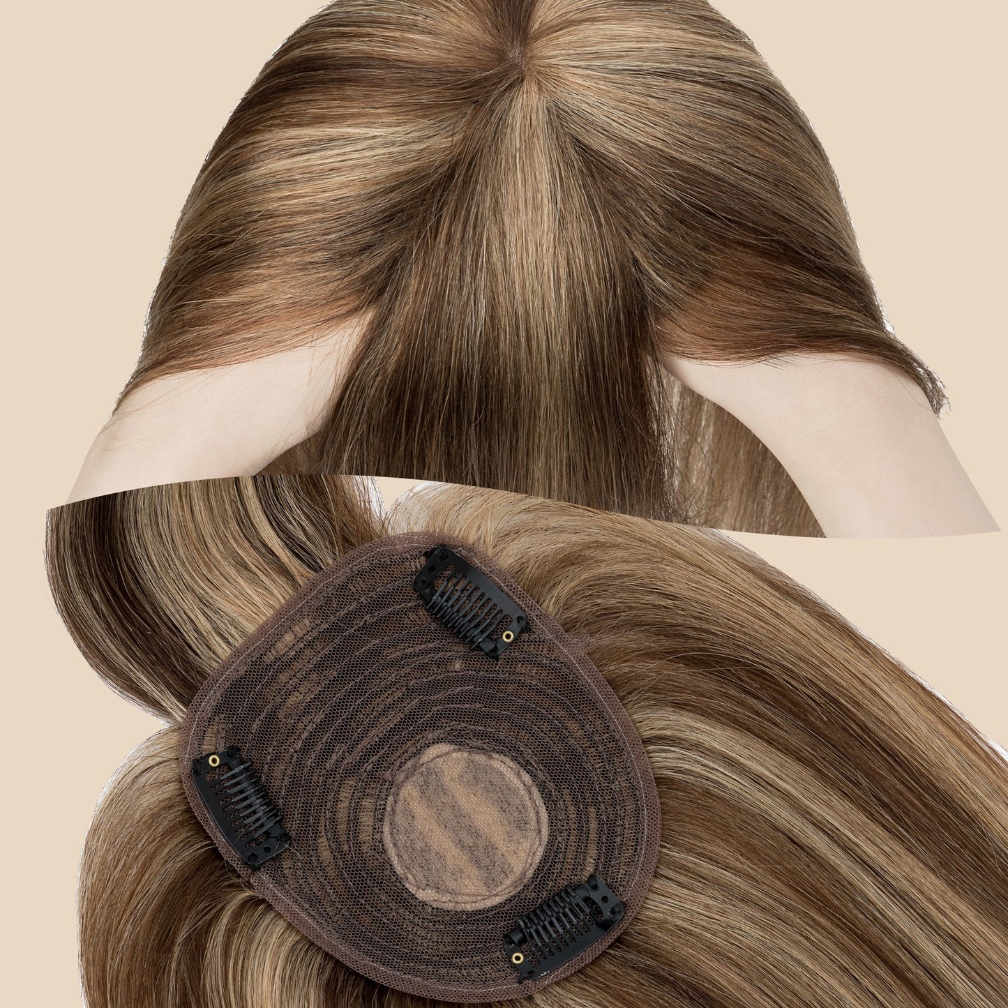 4x5" Silk Circle Top Medium Brown Blonde Human Hair Topper with Bangs segohair.com