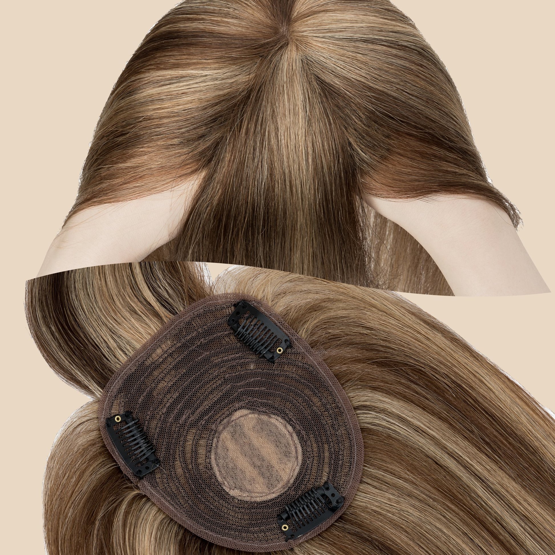 4x5" Silk Circle Top Medium Brown Blonde Human Hair Topper with Bangs segohair.com