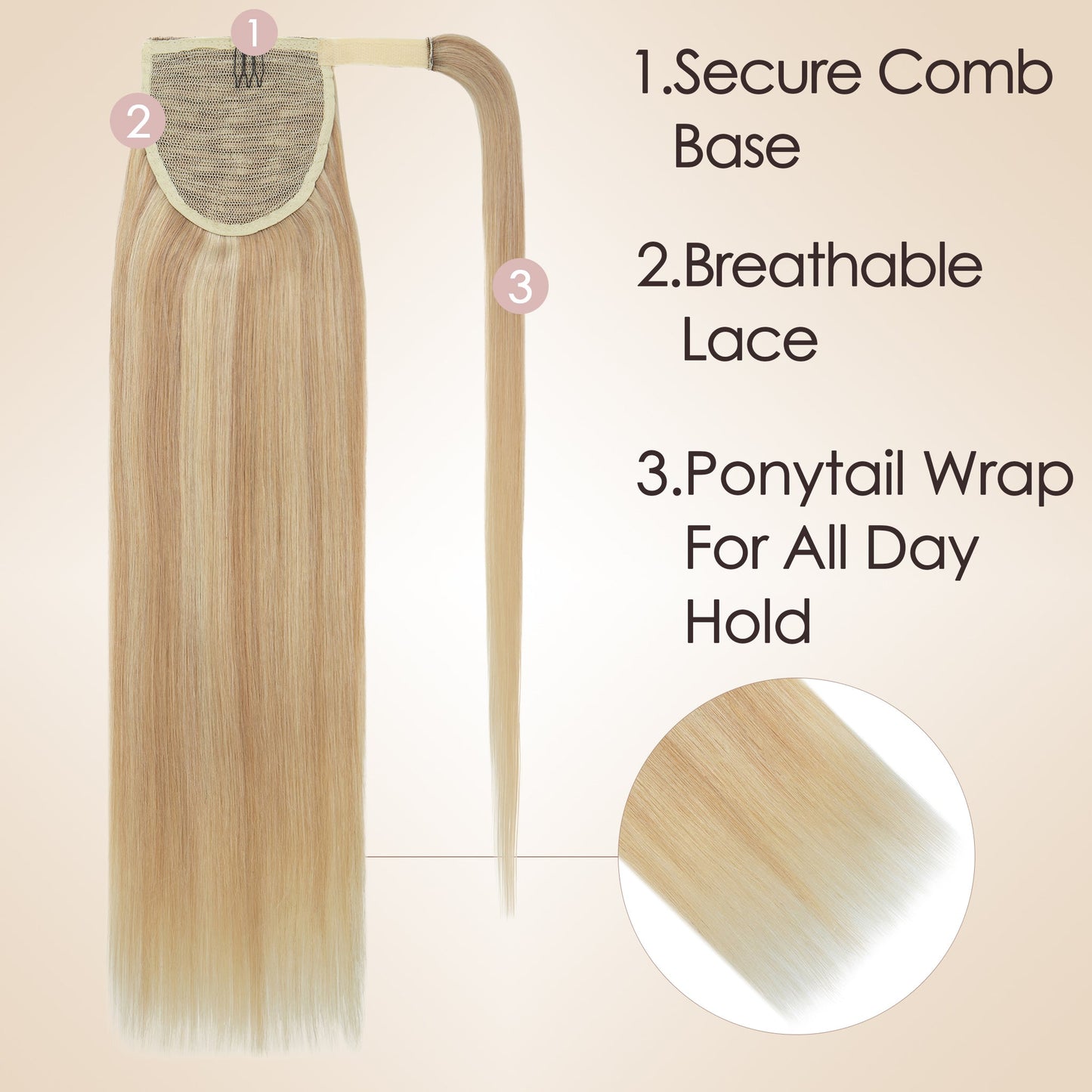 Ash Blonde Highlight Velcro Ponytail Extension segohair.com