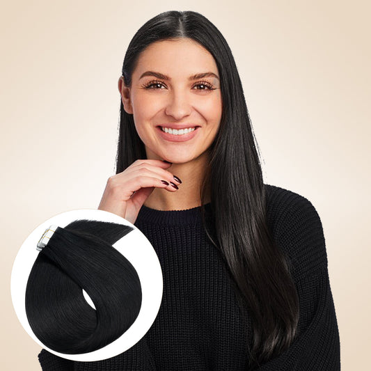 Lightweight Jet Black Tape In Hair Extensions Invisible Weft 20 PCS segohair.com
