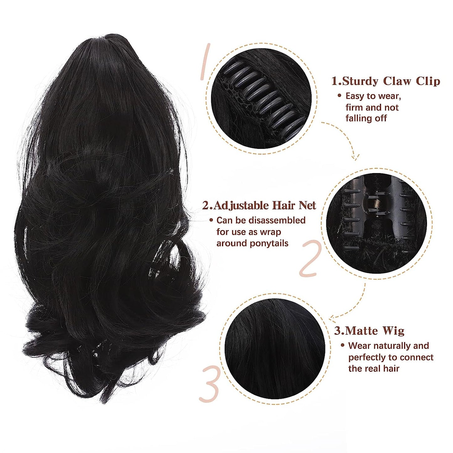 Ponytails Extensions Claw 12" Curly Hairpiece with Jaw Clip Wavy Synthetic Thick Curly