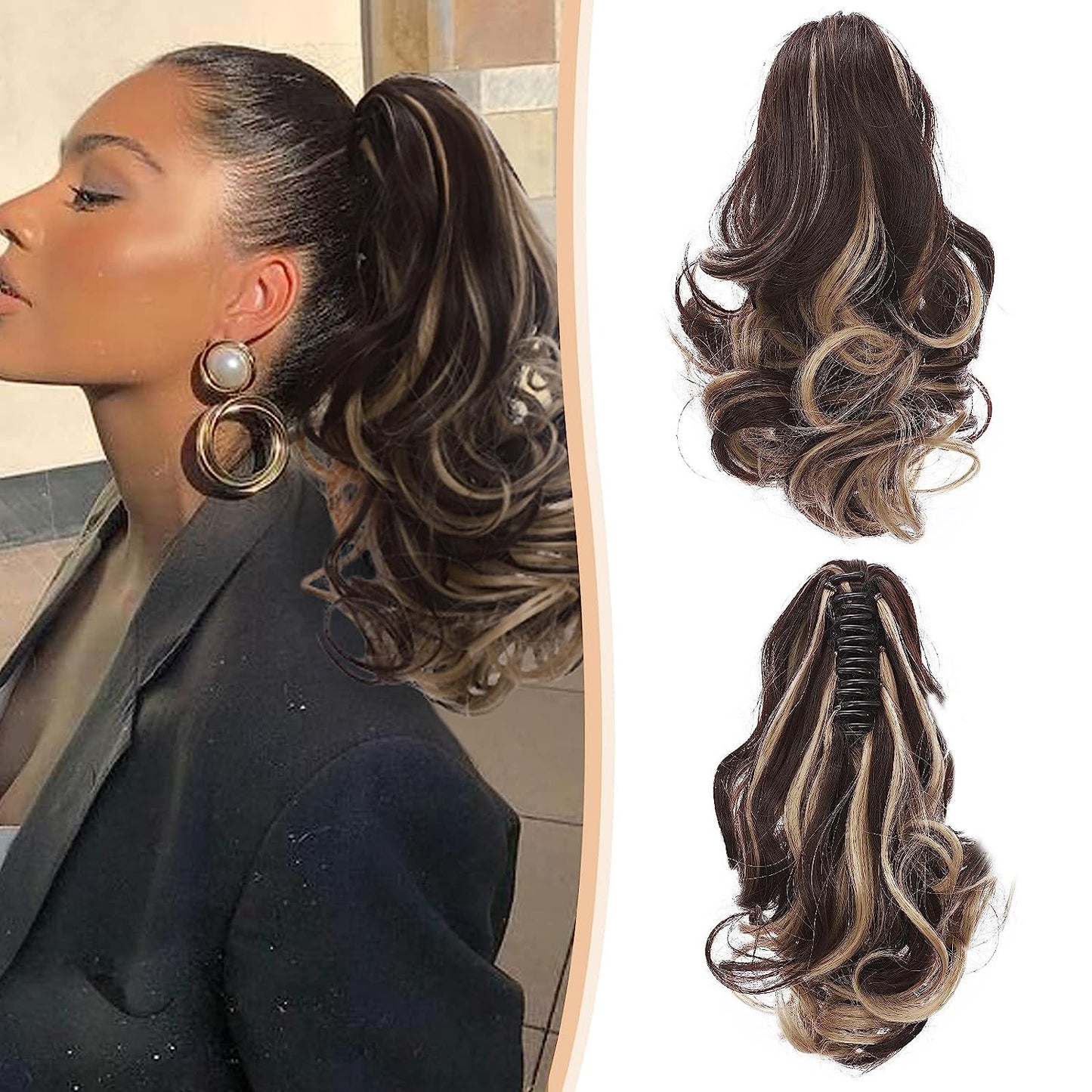 Ponytails Extensions Claw 12" Curly Hairpiece with Jaw Clip Wavy Synthetic Thick Curly