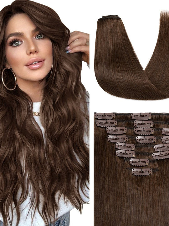 SEGOHAIR Clip In Hair Extensions Real Human Hair Light Weight Chocolate Brown