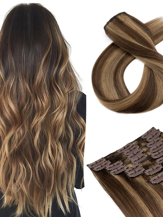 SEGOHAIR Clip In Hair Extensions Real Human Hair Light Weight Chocolate Brown Honey Blonde