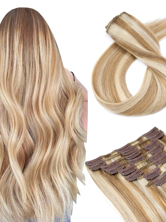 SEGOHAIR Clip In Hair Extensions Real Human Hair Light Weight Golden Brown Blonde