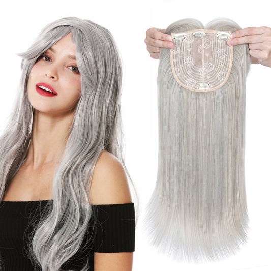 Synthetic Hair Topper with Long Bangs 18Inch Grey segohair.com