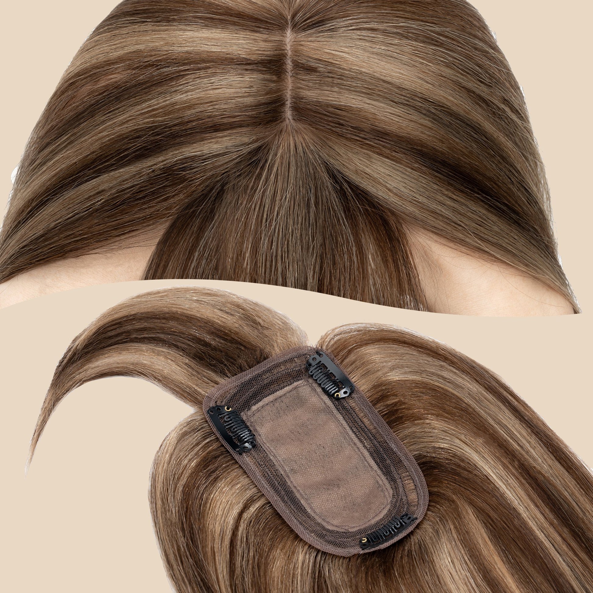 3x5" Bionic Scalp Top Medium Brown Blonde Highlight Human Hair Topper with Bangs segohair.com
