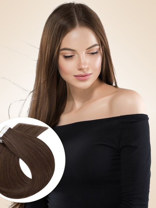Lightweight Medium Brown Tape In Hair Extensions Invisible Weft 20 PCS