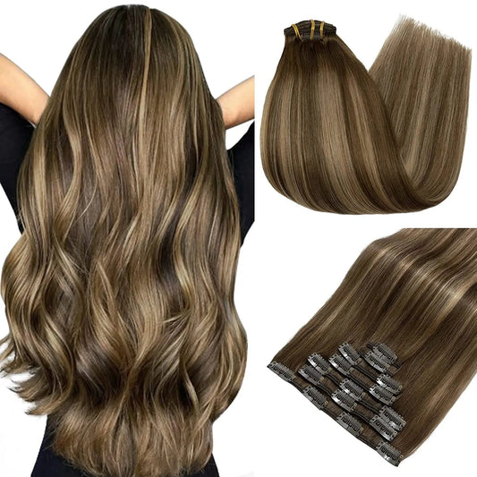 SEGO Real Hair Extensions Clip in Human Hair Double Weft Natural 7PCS