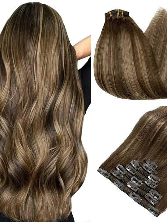 SEGO Real Hair Extensions Clip in Human Hair Double Weft Natural 7PCS